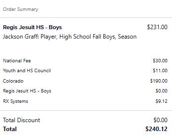 Order summary totalling about $240